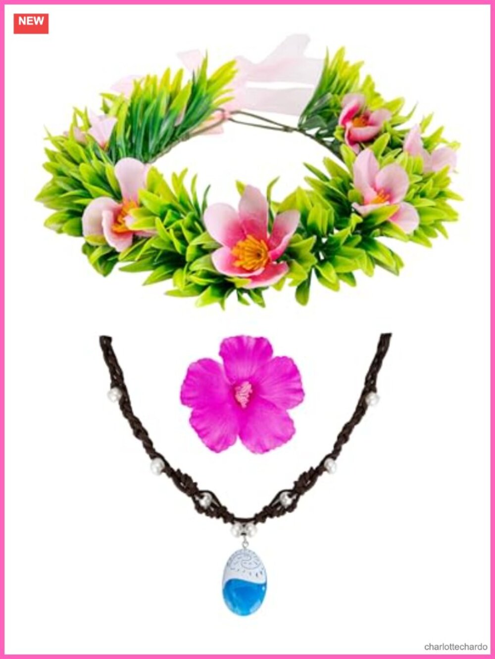 Floral Crown Headband Blue Pendant Necklace Hair Clip Princess Costume Set